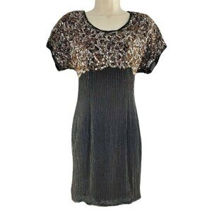 Vtg Stenay Silk Beaded Sequin Black Gold Cocktail Party Dress Sz 8 Medium 1980s